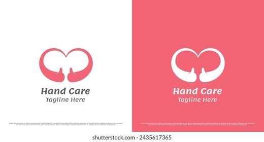 Liebe Hand Logo Design Illustration. Silhouette der Hand Herz Geste, fürsorglichen Händedruck, helfen, die Beziehung zwischen einem Verlobten und einem Hochzeitspaar zu unterstützen. Einfache minimale niedliche warme sanfte Ikone.