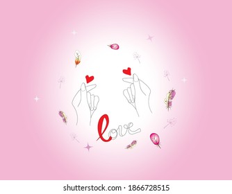 love hand symbol with pink feathers background, idea for card, cartoon, valentine print