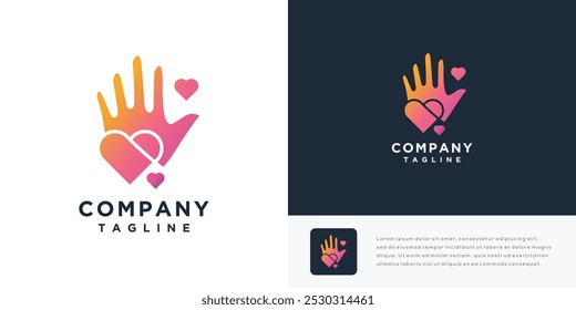 Ilustración de diseño de logotipo de Vector de mano de amor. Icono de logotipo de mano con amor	
