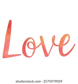 "Love" hand-lettered in a warm-toned watercolor style, with a gradient from orange to red.