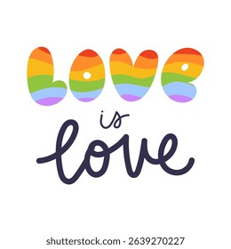 Love is love. Handlettering in rainbow colors, isolated on white background