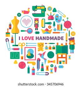 I love handmade. Tools and materials for creative work and craft: brushes, paints, markers, crayons, easel, artist character, needles, thread, pins. Vector flat con set and pattern illustration.