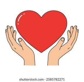 Love Hands Embracing Red Heart on White Background. vector art Hugging Heart, Love Yourself, Valentine's Day, and Charity Concepts.