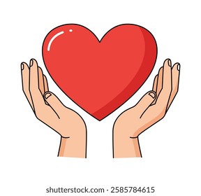 Love Hands Embracing Red Heart on White Background. vector art Hugging Heart, Love Yourself, Valentine's Day and Charity Concepts