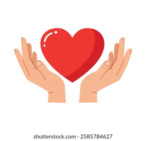 Love Hands Embracing Red Heart on White Background. vector art Hugging Heart, Love Yourself, Valentine's Day and Charity Concepts