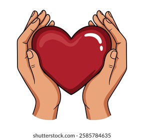 Love Hands Embracing Red Heart on White Background. vector art Hugging Heart, Love Yourself, Valentine's Day and Charity Concepts