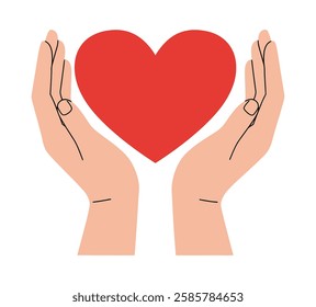 Love Hands Embracing Red Heart on White Background. vector art Hugging Heart, Love Yourself, Valentine's Day and Charity Concepts