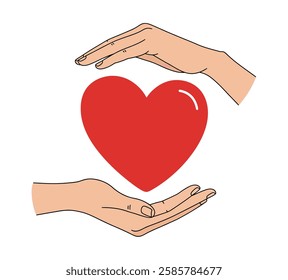 Love Hands Embracing Red Heart on White Background. vector art Hugging Heart, Love Yourself, Valentine's Day and Charity Concepts