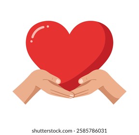 Love Hands Embracing Red Heart on White Background. vector art Hugging Heart, Love Yourself, Valentine's Day and Charity Concepts