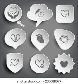 love in hands, protection, careful heart, unrequited, atomic, and arrow, closed. White vector buttons on gray.