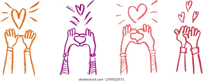 Love Hands Raised Up Crayon Chalk Drawing Doodle Vector Set