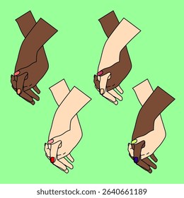 Love is love hands together, LGBTQIA+, Pride symbol. Design elements for Pride Month cards. LGBTQ+. Illustrated elements for Pride month, bisexual, transgender, and gender equality.