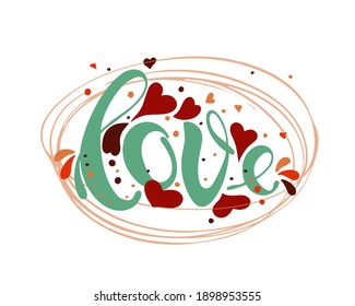 Liebe Handschrift auf Kreisrahmen. Valentinstag-Feierlichkeiten für romantische Paare. Liebe Text und Herzen für Grußkarte, Logo-Design, Poster, Banner. 14. Februar Idee.