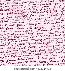 Love Handwriting. Seamless vector background. Text pattern, vintage style. 