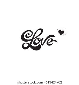 Love handwritten calligraphy with splashes heart. Love logo vector illustration isolated on white background