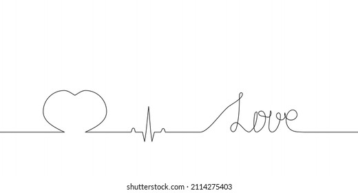 Love handwritten continuous line drawing with heart and heart rate sign. One line art of english hand written lettering, phrase on line greeting card.