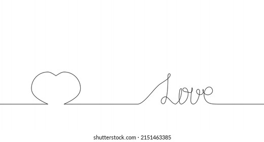 Love handwritten continuous line drawing with big heart. One line art of english hand written lettering, phrase on line greeting card.