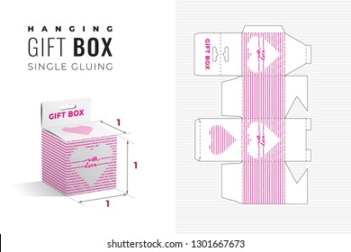 With Love Hanging Gift Box Die Cut Cube Template with 3D Preview - Black Blueprint Layout with Cutting and Scoring Lines over Calligraphic Lettering in Heart Shape on White - Vector Packaging Design