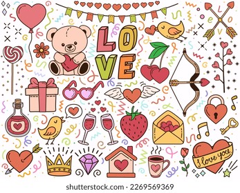 Love and Happiness collection of vector elements. Doodle cartoon set of color objects: hearts, diamonds, crown, birds, teddy bear, strawberries and heart-shaped cherries. Comics style graphics concept