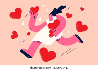 Love, happiness and positive emotions concept. Young smiling woman cartoon character walking collecting red hearts in hands feeling love vector illustration