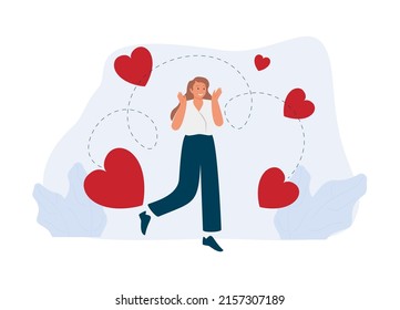Love, happiness and positive emotions concept. Young smiling woman cartoon character walking collecting red hearts in hands feeling love vector illustration