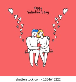 Сouple  in love. Happy men and women sit on a bench hugging. Valentine's Day Vector Card. Hand drawn style on red background. Collection cards