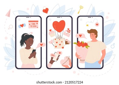 Amor, feliz relación romántica en pantallas de teléfonos móviles ilustraciones vectoriales. Novio de caricatura saludando con ramo de flores, novia con mensaje de amor por teléfono. Concepto de San Valentín