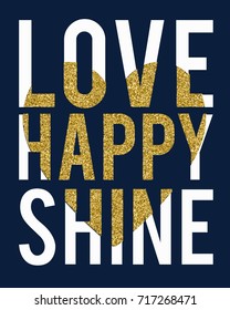 love happy slogan with gold glitter and heart vector. 