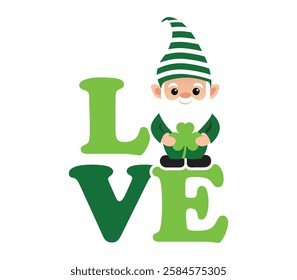 Love Happy St. Patrick typography T-shirt vector, Saint Patrick's Day gnome Illustration Design, lucky shamrock Clipart