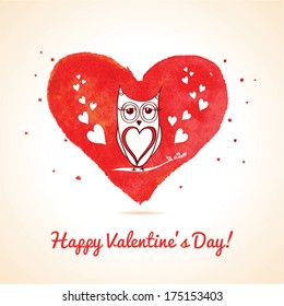 Love. Happy Valentine's Day Greeting card with owl. Watercolor red heart on white background, vector illustration. Element for your design. Vintage Valentines Day type text calligraphic background.