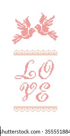 Love. Happy Valentines day! Greeting card. Vector. Scheme of knitting and embroidery.