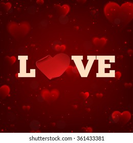 Love. Happy Valentine's Day greeting banner template on the blurred background with hearts. Vector illustration. Red curved paper heart in the form of heart.