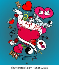 Love, Happy Valentine's Day Illustration, Bow, Arrows, Hearts, Mars and Venus Symbol, Lock, Keys, Rose Flower, Calendar, Letter with Wings, Two White Pigeons, Hand Drawn Vector EPS 10