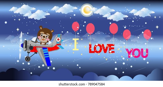 Love Happy Valentine's Day in the Romantic Atmosphere. I Love You. teddy bear and airplane.