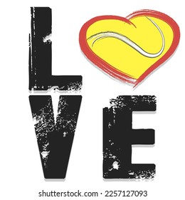 Love. Happy Valentines Day. Tennis ball shaped as a heart. Design pattern for greeting card, banner, poster on an isolated background. Vector illustration