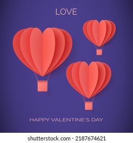 Love. Happy valentines day. Vector red greeting paper valentine in the shape of a hot air ballon heart with a shadow on a blue background. Sweetheart silhouette. Creative concept gift card. Love icon