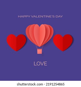 Love. Happy valentines day. Vector red greeting paper valentine in the shape of a three hearts on a blue background. Sweetheart origami silhouette hot air balloon. Love icons
