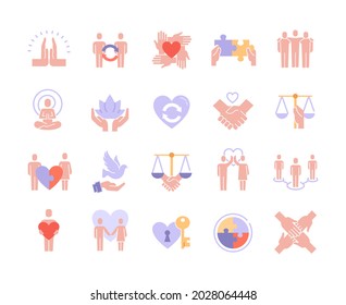 Conjunto de iconos vectoriales de relación armoniosa y de amor. Interacción, igualdad, conceptos de desarrollo conjunto. Infografía, signos, pictogramas. Ilustraciones vectoriales de color mínimo plano aisladas en blanco