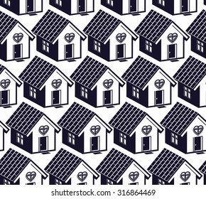 Love and harmony at home conceptual vector background, abstract houses. Real estate theme symmetric seamless pattern.