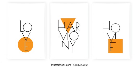Love, harmony, home, vector. Wording design, lettering. Three pieces scandinavian minimalist poster design. Motivational, inspirational life quotes. Wall art, artwork design in frame