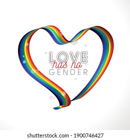 Рhrase Love Has No Gender and colorful LGBT rainbow heart shape. Vector illustration for gay community support