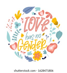 Love has no gender. Hand drawn feminism quote. Motivation woman slogan in lettering style. Vector illustration