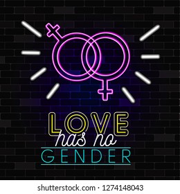 love has no gender. lesbian symbol. neon vector design, LGBT party poster template. couple of woman