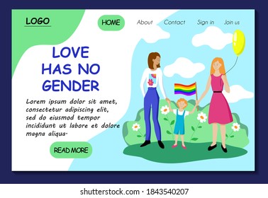 Love has no gender. Lgbt community website template. Lesbian family two young women and a child with rainbow flag. Stock vector flat concept illustration for landing page. Website design easy to edit.