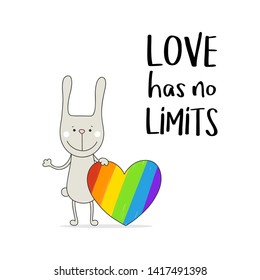 Love has no limits with happy bunny and with LGBT heart. Gay pride. Pride Month. Love, freedom, support, peace symbol