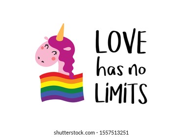 Love has no limits with pretty happy unicorn and lgbt community flag. Pride Month. Love, freedom, support, peace symbol