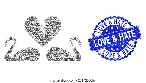 Love and Hate corroded round seal and vector recursion collage divorce swans. Blue stamp seal contains Love and Hate tag inside round shape. Vector collage is created from scattered divorce swans