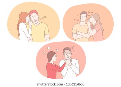 Love, hate and different emotions in couple relations concept. Young couples cartoon characters flirting, whispering secrets, talking, quarrelling and expressing various emotions vector illustration 