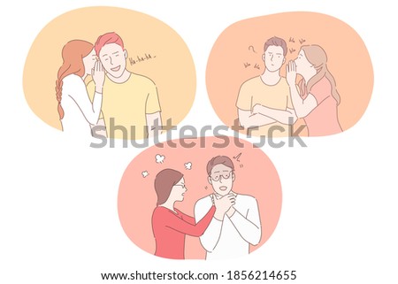 Love, hate and different emotions in couple relations concept. Young couples cartoon characters flirting, whispering secrets, talking, quarrelling and expressing various emotions vector illustration 