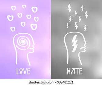 Love and Hate Emotion Icons On Cloudy Background. Vector Mood Concept